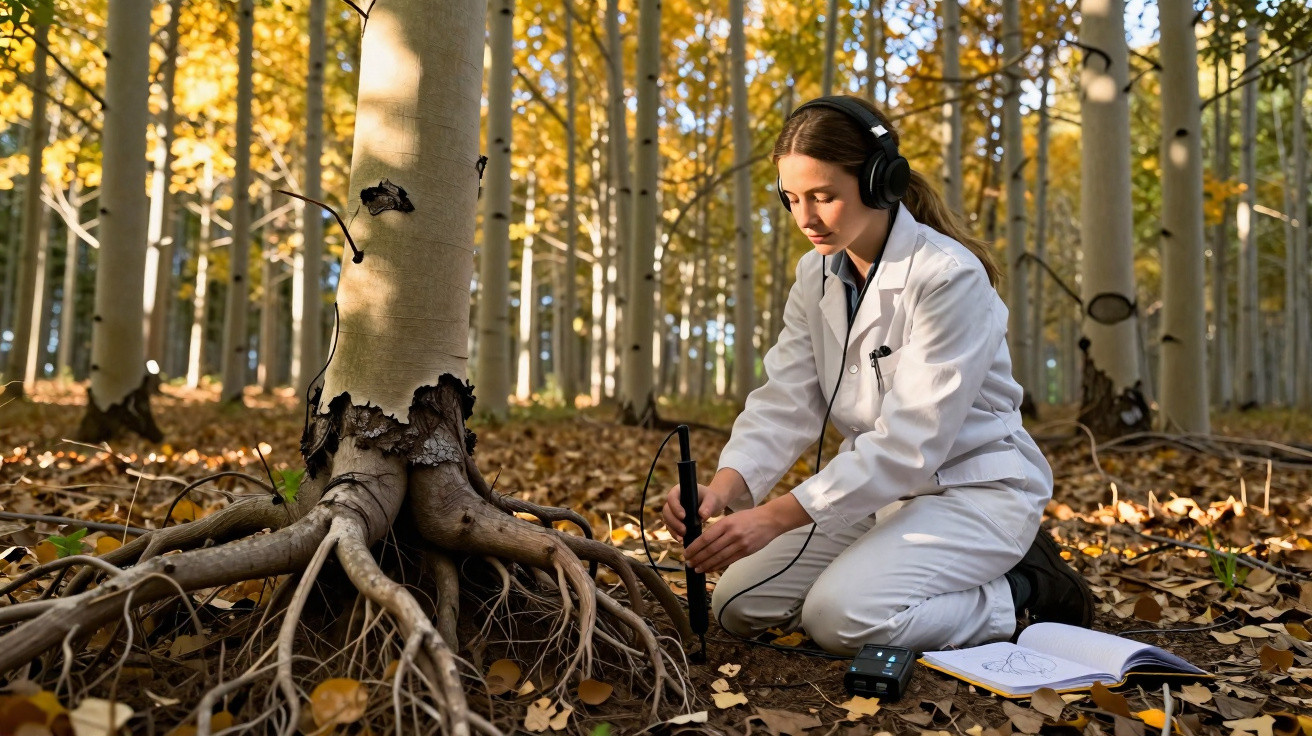Mulher cientista usando jaleco branco e fones analisa o solo próximo às raízes de uma árvore em floresta.
