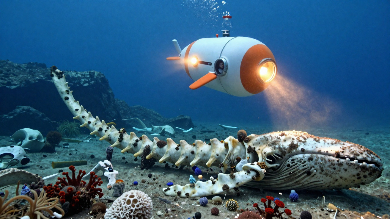 Submarino explorando ossada gigante de uma baleia coberta por corais no fundo do oceano azul.