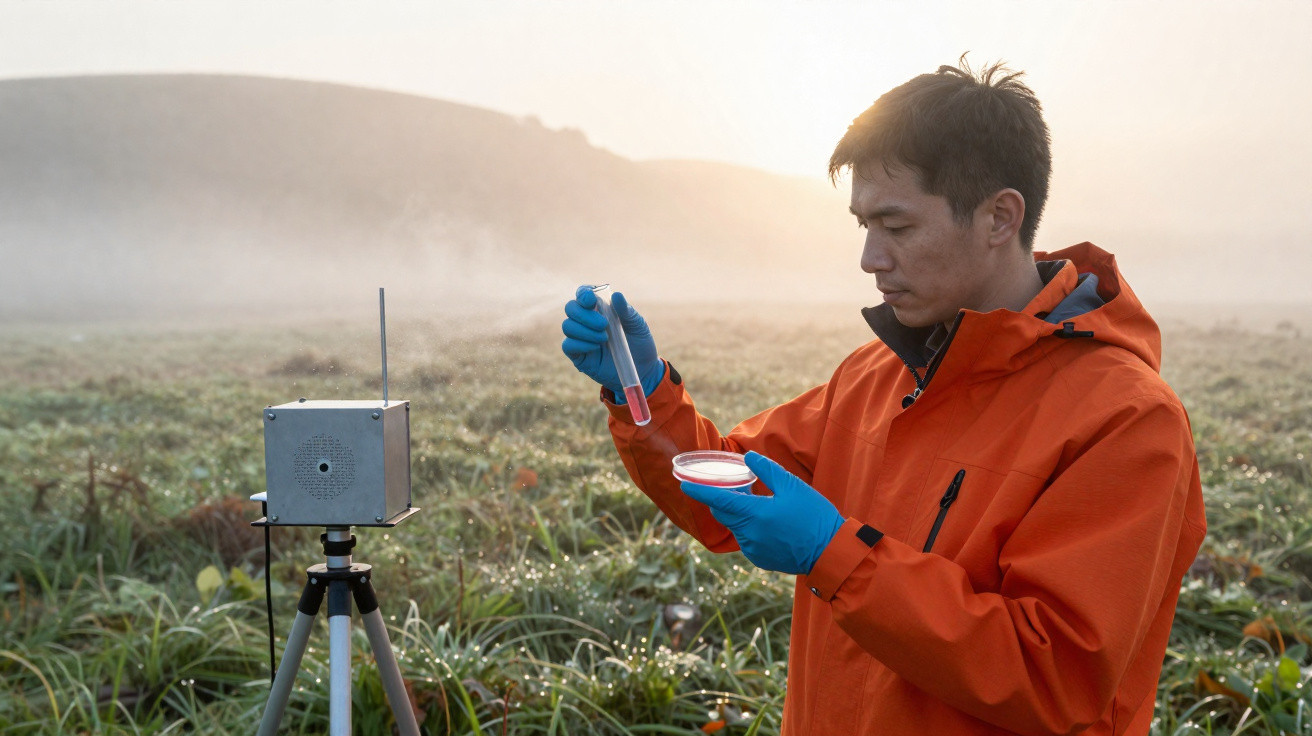 Cientista em campo aberto coleta amostra de líquido vermelho em tubo de ensaio usando luvas azuis.