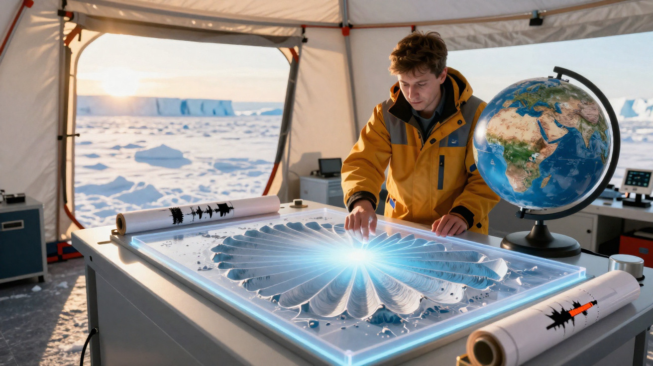 Pesquisador em jaqueta amarela mexe em maquete iluminada dentro de tenda na paisagem congelada polar.