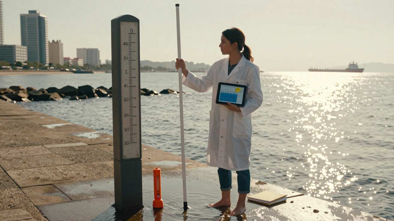 Mulher cientista em jaleco mede nível da água em cais com tablet e bastão, ao lado do mar ao pôr do sol.