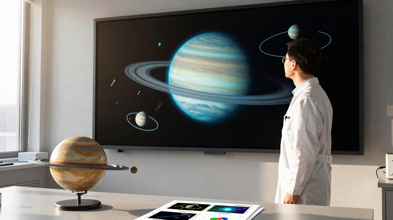 Homem com jaleco observa tela grande que exibe imagem de planetas do sistema solar com modelo de planeta na mesa.