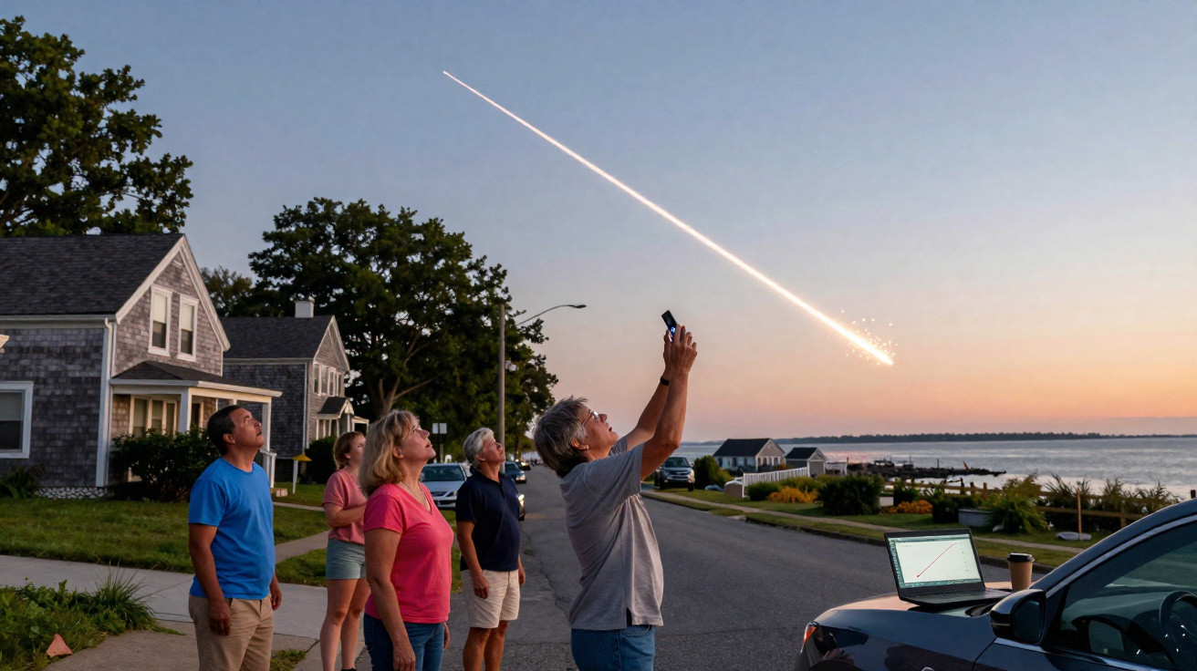 Grupo de pessoas observando meteoro brilhante cruzando o céu no pôr do sol em área residencial à beira-mar.