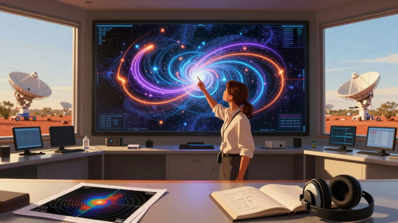 Mulher em laboratório aponta para tela com imagem colorida de galáxia espiral, equipamentos e antenas parabólicas ao fundo.