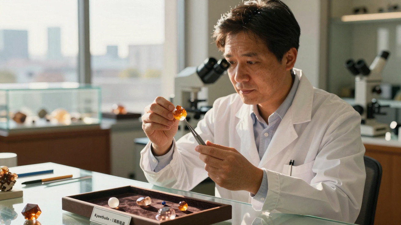 Cientista em laboratório analisa mineral âmbar com pinça usando jaleco branco.
