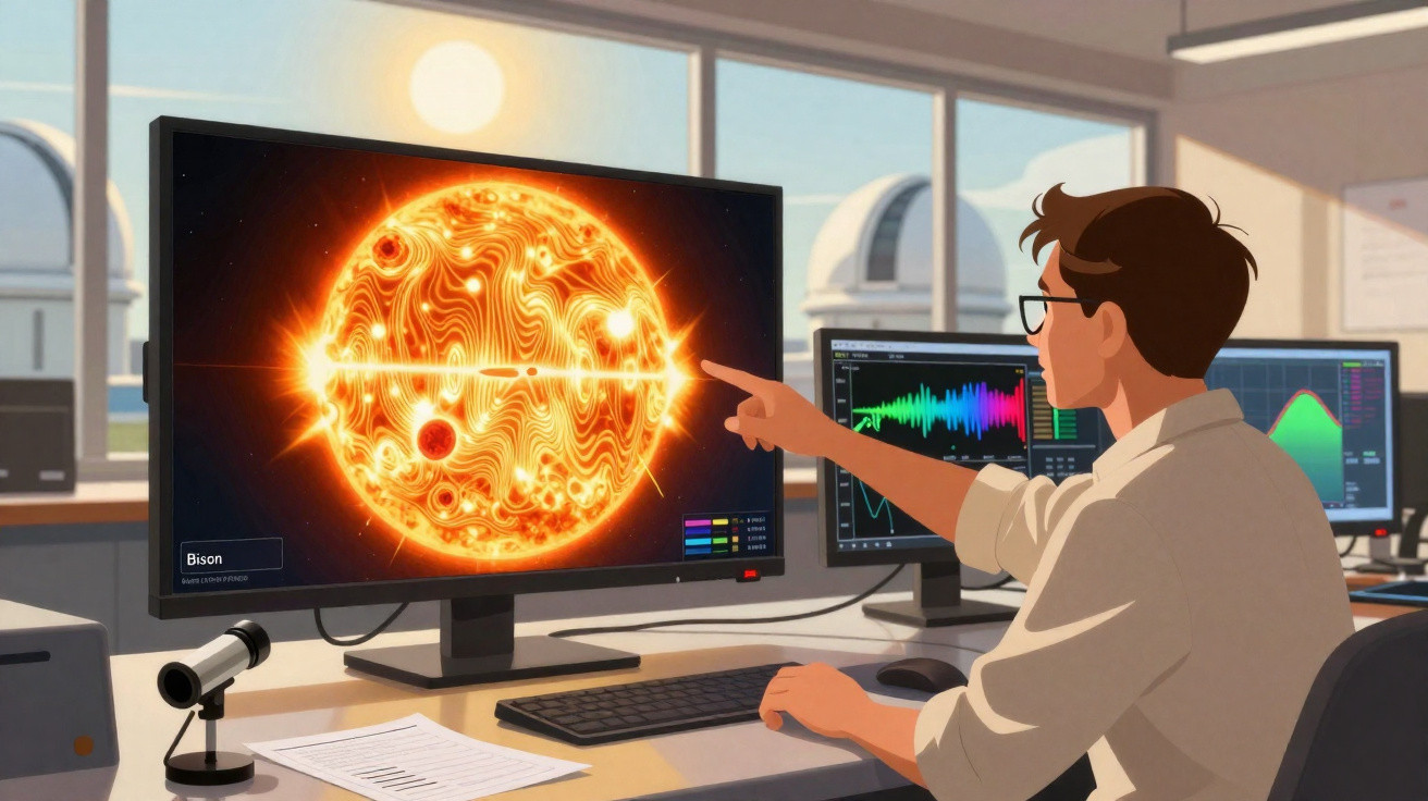 Homem analisando dados de uma estrela brilhante em monitores de computador em ambiente de pesquisa científica.