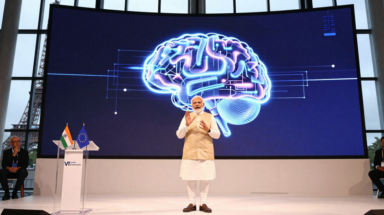 Homem em palco com imagem digital de cérebro atrás, ao lado bandeiras da Índia e União Europeia.