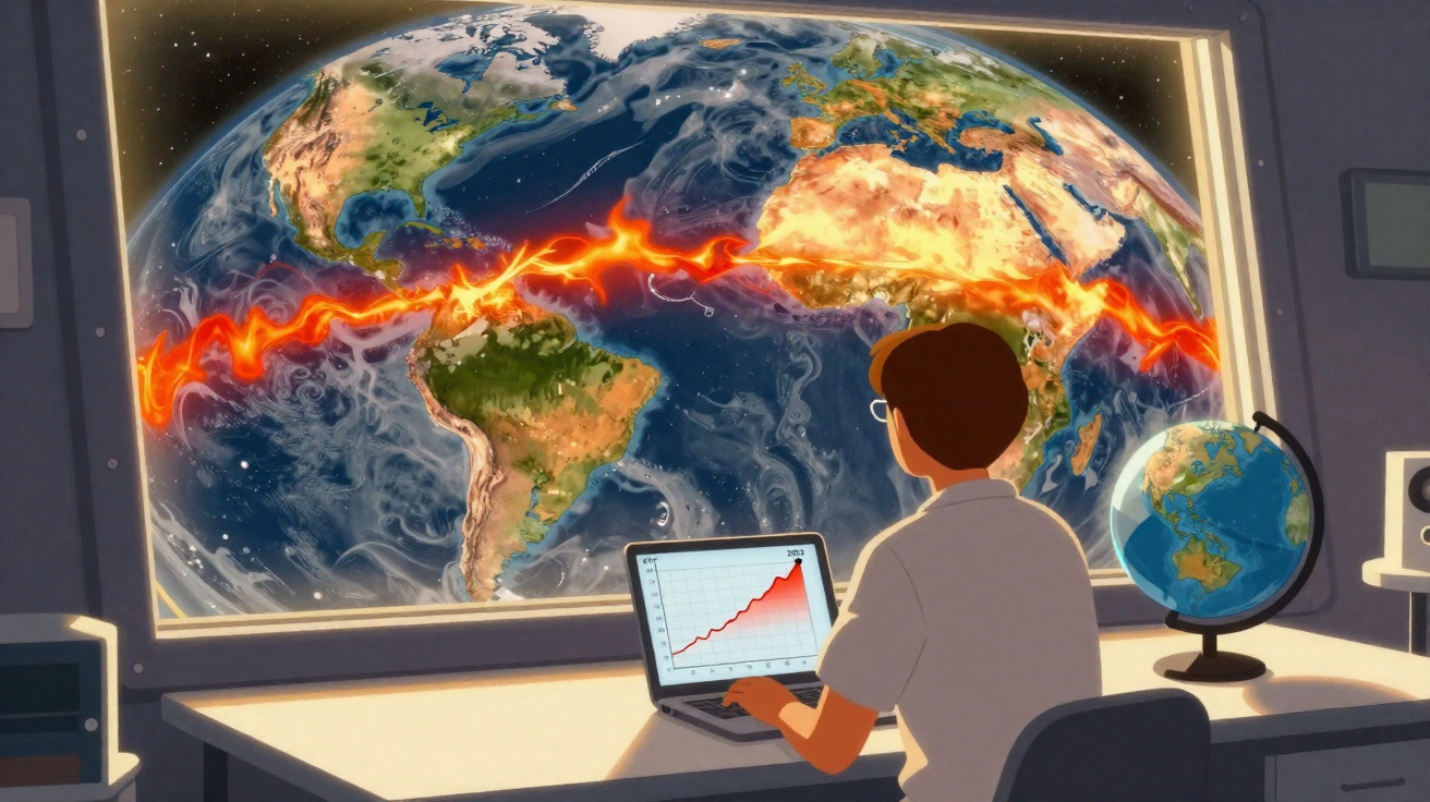 Pessoa observando gráfico de aumento em laptop com mapa do mundo e linha de fogo no planeta Terra ao fundo.