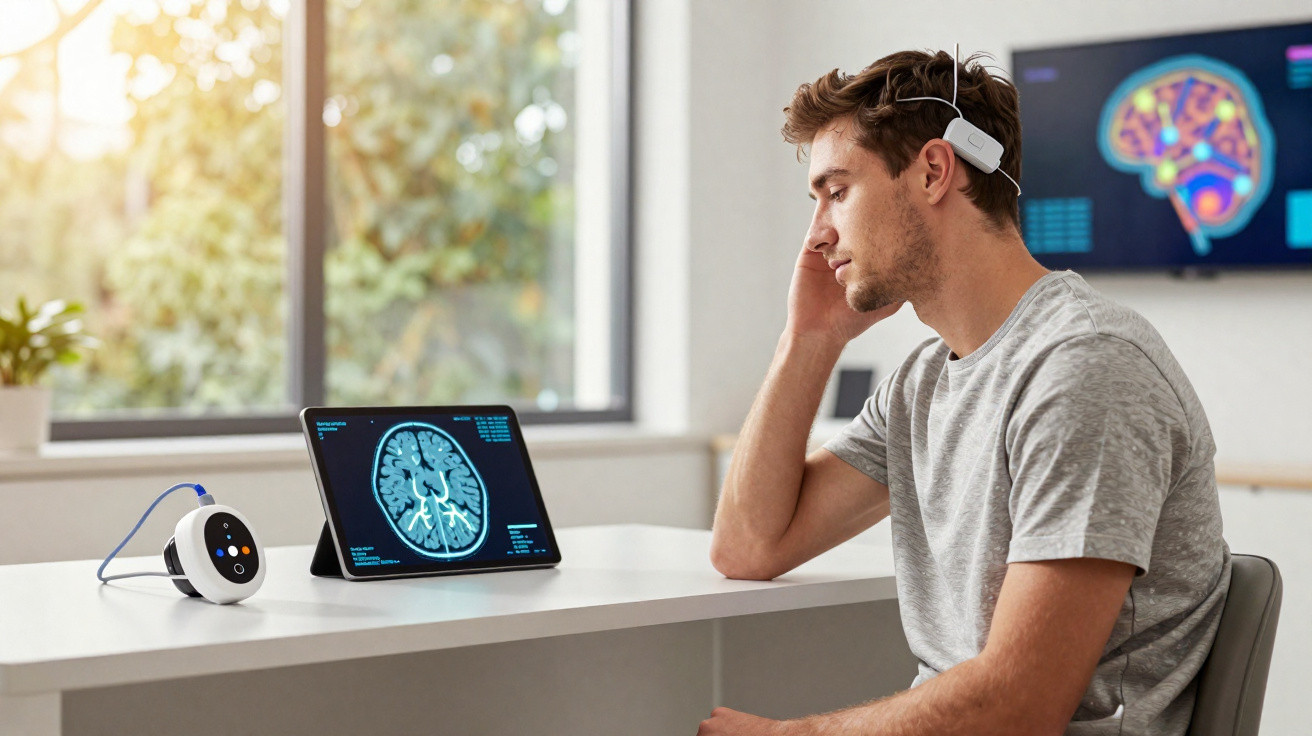 Homem com dispositivo conectado à cabeça observa exame cerebral em tablet em ambiente claro e moderno.