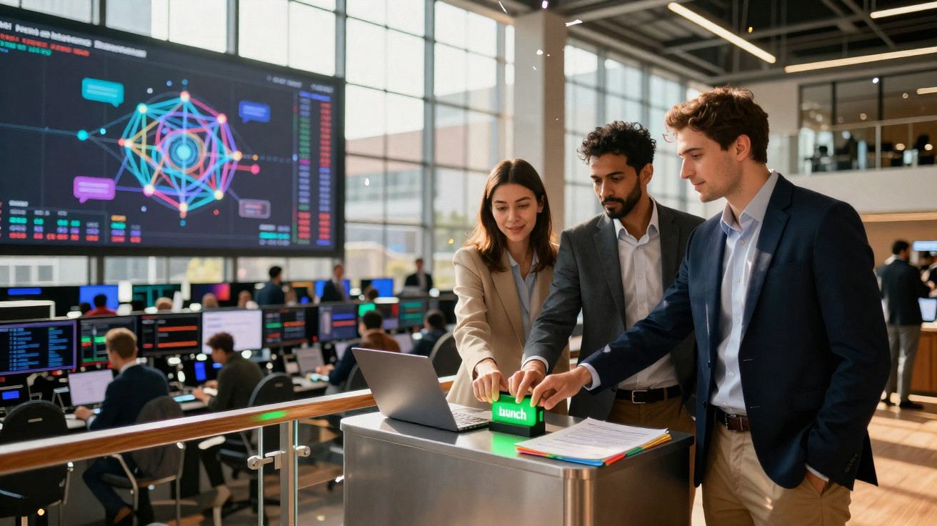 Três profissionais em traje formal apertam botão "launch" em mesa com notebook em escritório de tecnologia.
