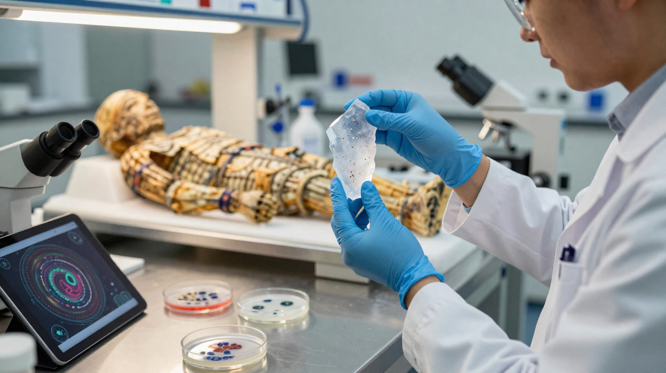 Pesquisador em laboratório analisa fragmento transparente com múmia egípcia e equipamento científico ao fundo.