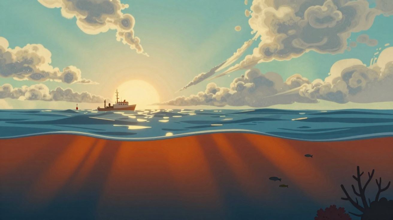 Ilustração de navio ao pôr do sol com raios solares entrando na água e peixes nadando no mar.