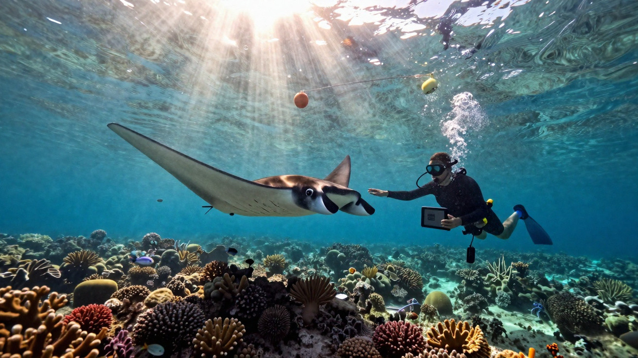 Mergulhador interage com arraia gigante em recife de corais sob a luz do sol no oceano.