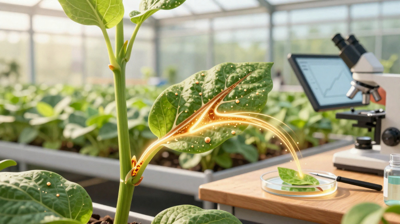 Pesquisa científica com folhas de plantas em estufa, com microscópio e análise de dados digitais.