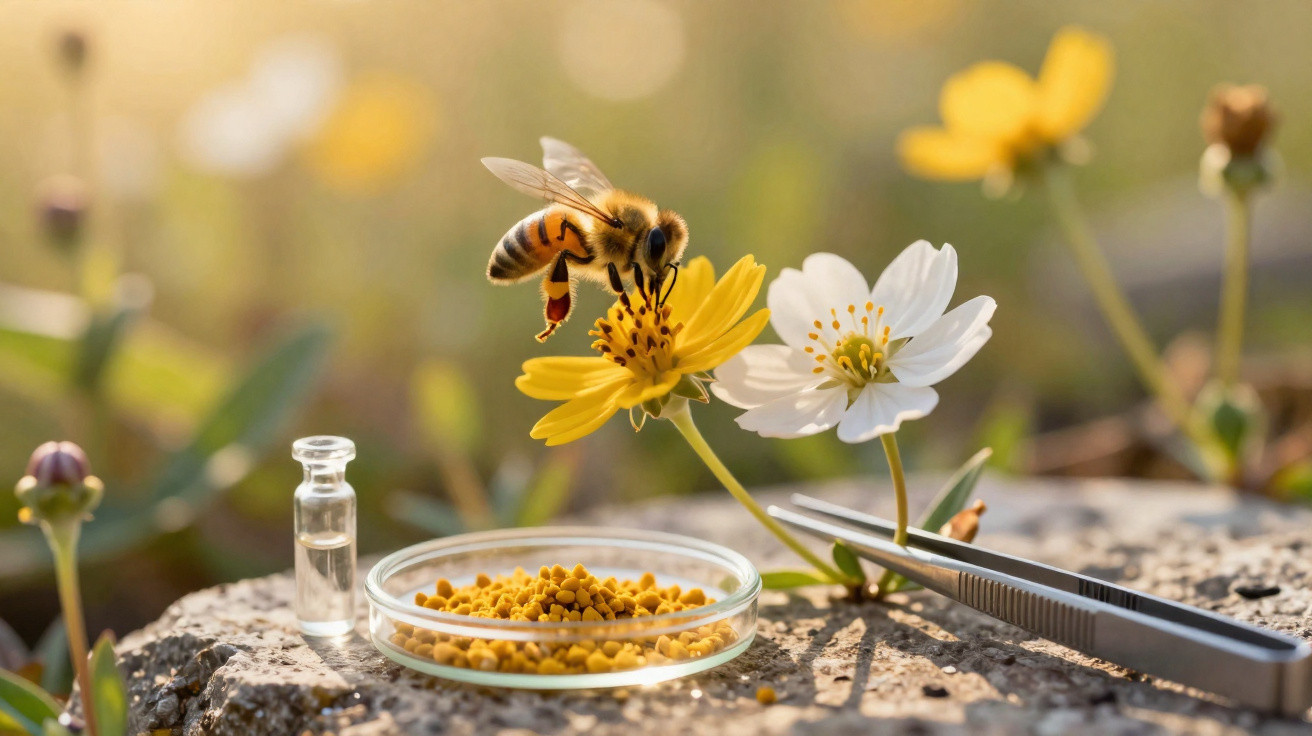 Abelha coletando pólen de flor amarela em ambiente natural com recipiente e pinça ao lado.