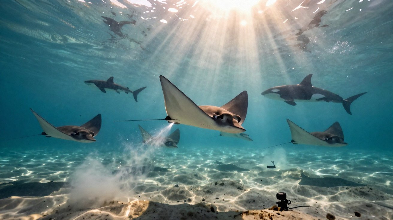 Raia nadando em grupo com orcas ao fundo em mar cristalino iluminado pelo sol.