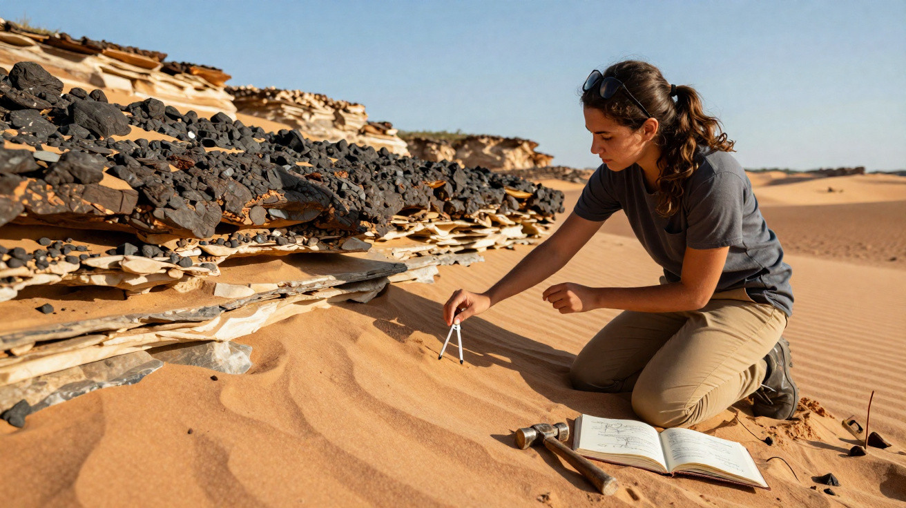 Mulher analisando areia no deserto com instrumento de medição, livro e martelo ao lado.