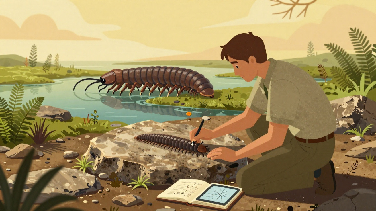 Homem estudando uma centopéia pré-histórica em um ambiente natural com caderno e tablet ao lado.