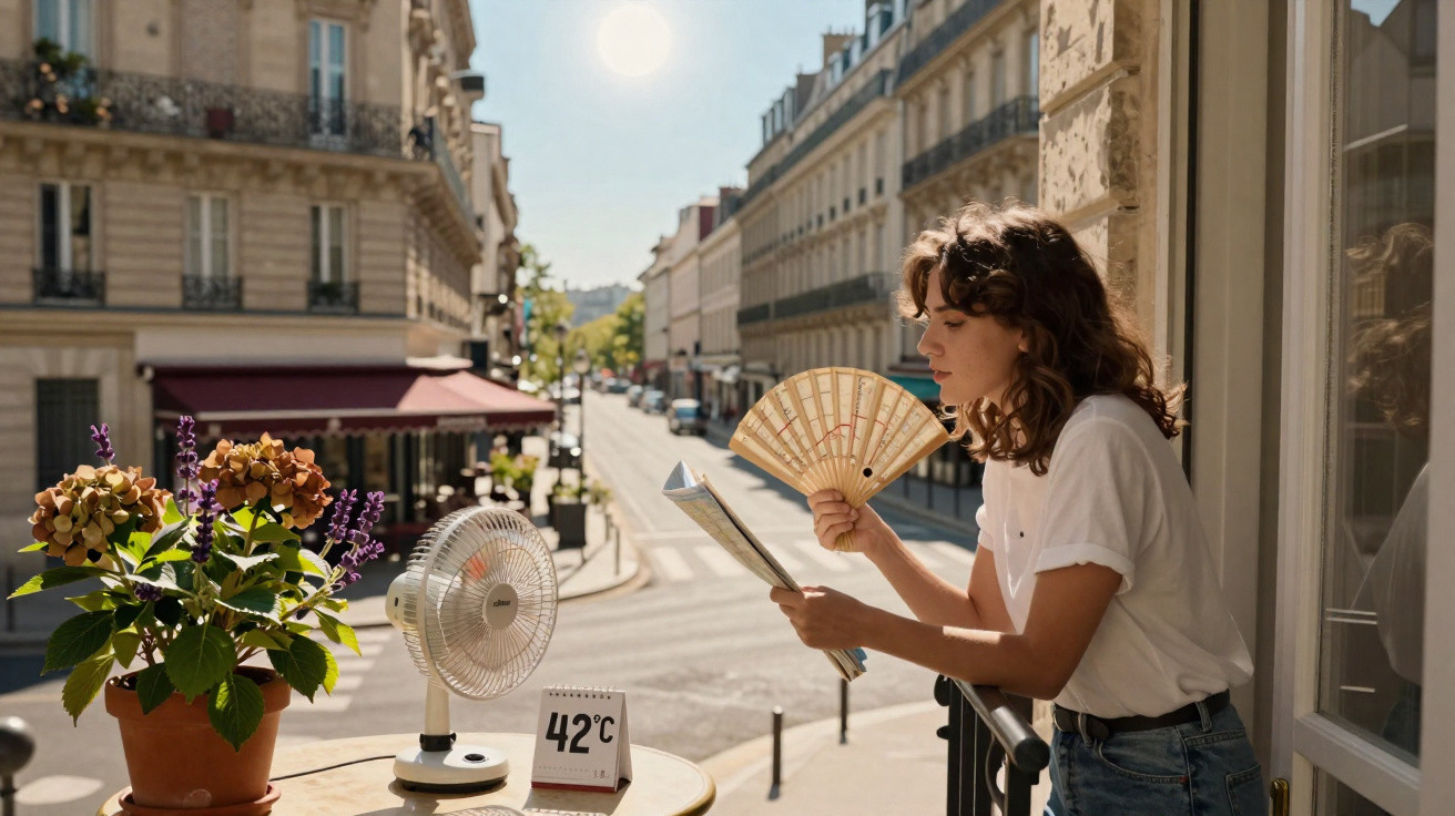 Mulher abanando-se com leque em varanda sob calor de 42°C em rua ensolarada da cidade.