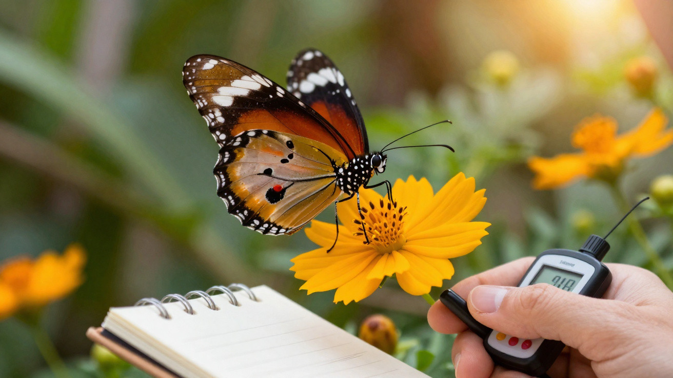 Borboleta pousada em flor amarela, com uma mão segurando um contador e um caderno aberto em primeiro plano.