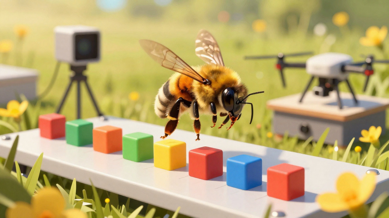 Abelha voando sobre cubos coloridos em um cenário natural com câmeras e drones ao fundo.