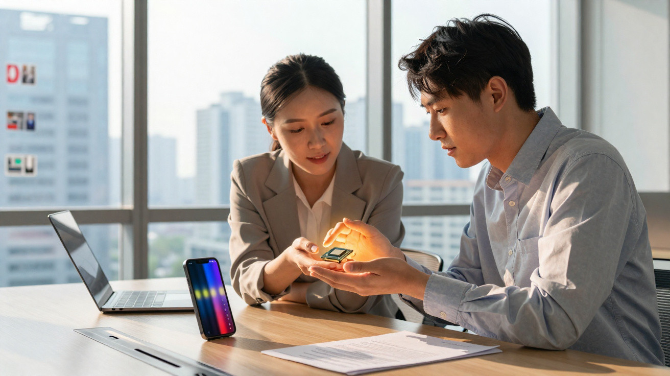 Duas pessoas em escritório analisando componente eletrônico com luz brilhante em mãos, laptop e celular na mesa.