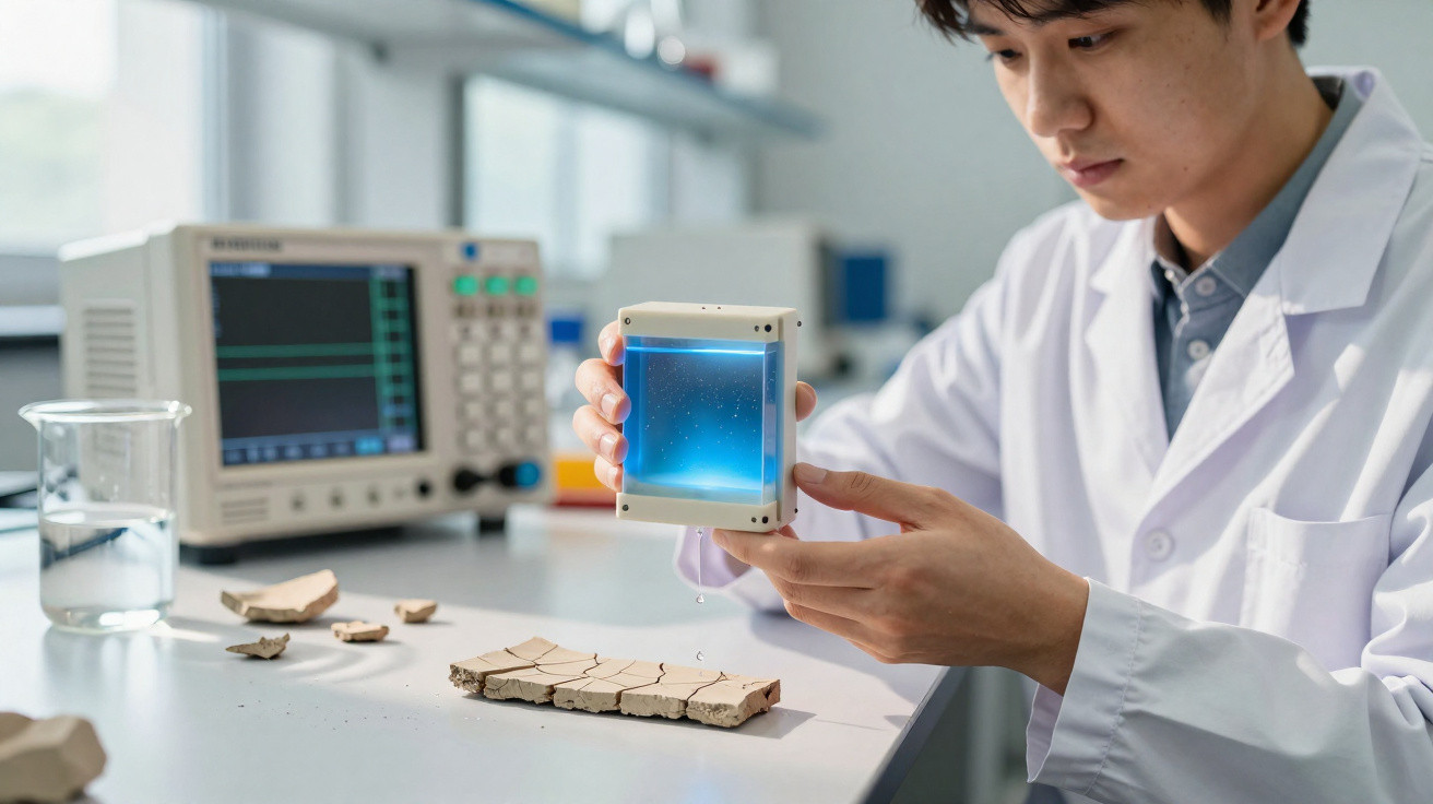 Cientista observando dispositivo transparente com líquido azul em laboratório com equipamentos e solo seco.