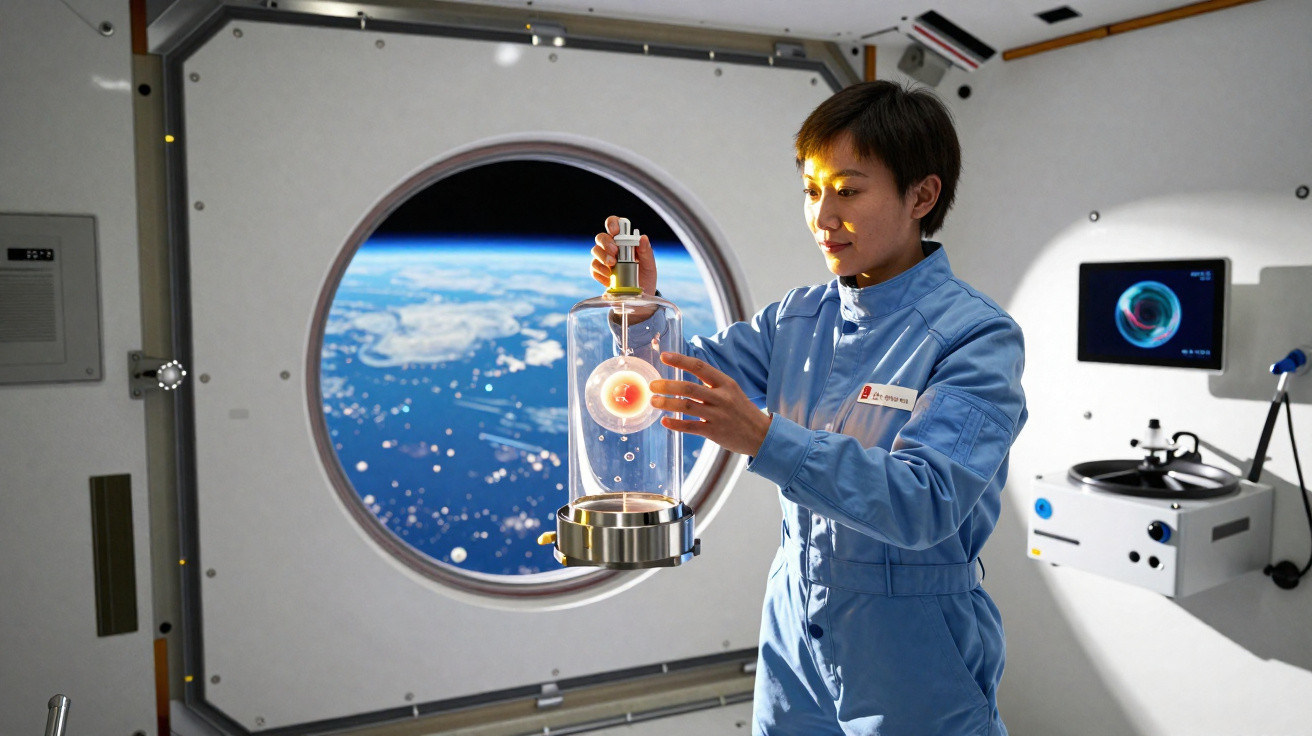 Astronauta em traje azul segurando objeto tecnológico em cápsula com janela mostrando Terra ao fundo.
