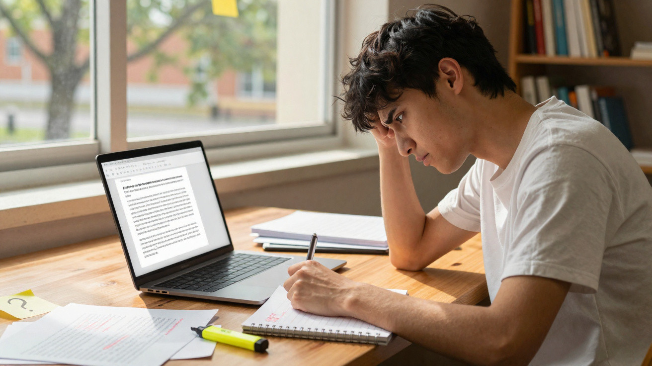 Jovem estudando e escrevendo anotações à mão com laptop aberto em mesa próximo à janela.
