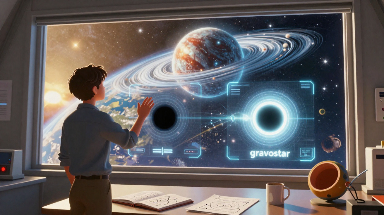 Homem observa janelas espaciais holográficas com planetas, buracos negros e anéis ao redor no espaço sideral.
