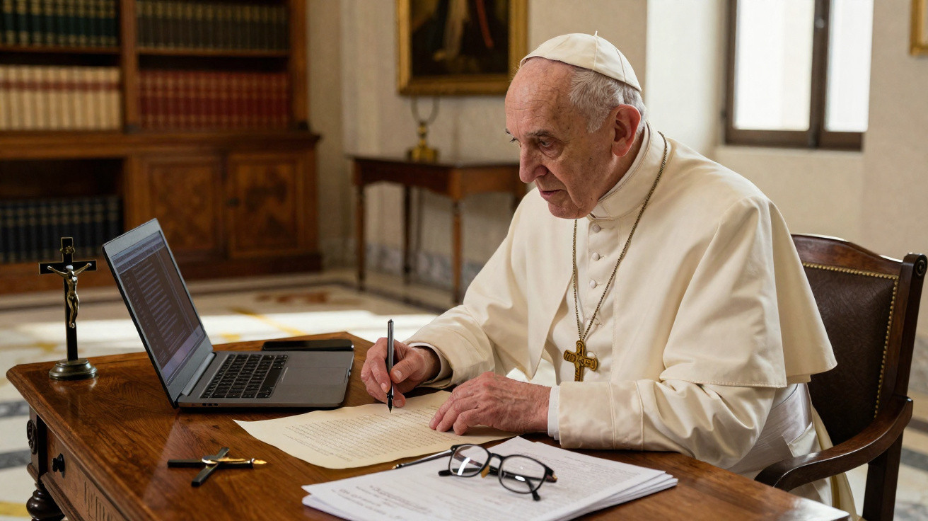 Papa Francisco sentado à mesa escrevendo em papel com laptop e crucifixo ao lado em ambiente iluminado.
