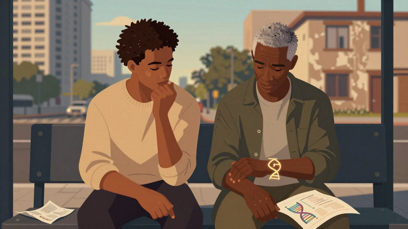 Dois homens sentados em banco, um lê sobre DNA no papel, outro pensa com mão no queixo, em ambiente urbano.