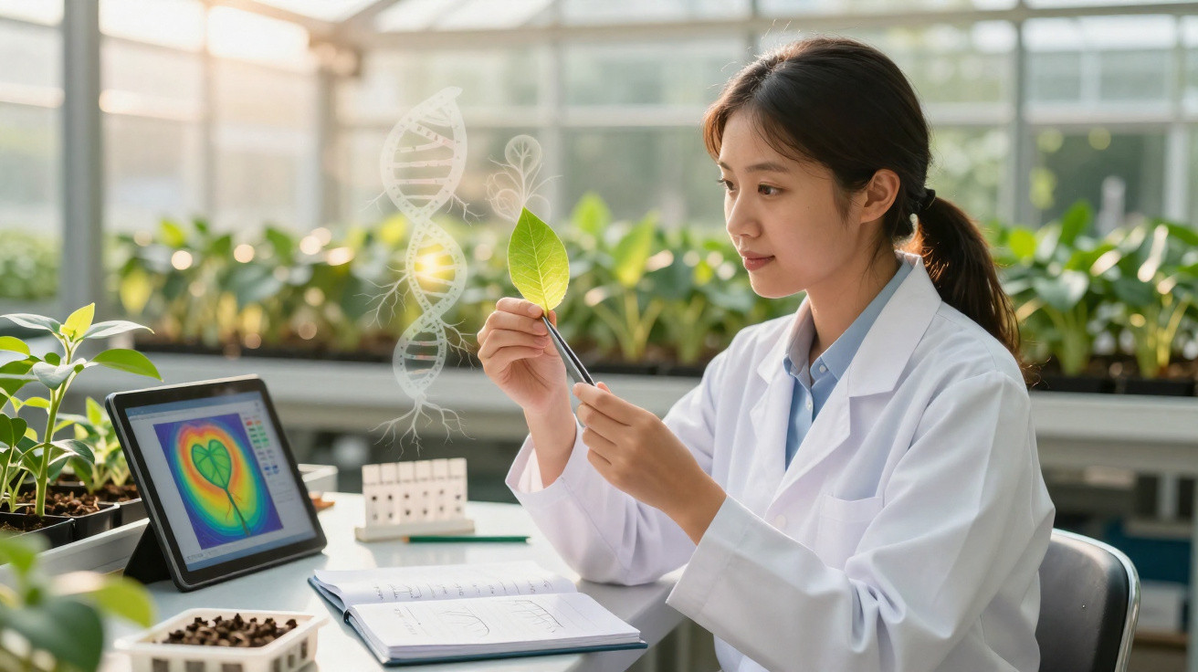 Pesquisadora analisando folha de planta em laboratório com tela digital mostrando estrutura genética.