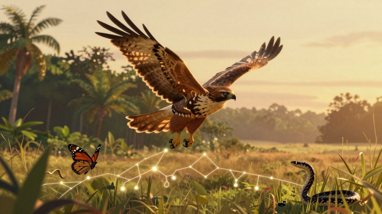 Águia voando sobre campo ao pôr do sol, com borboleta e cobra entre plantas altas.