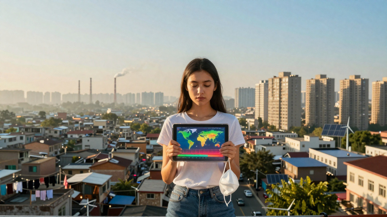 Jovem segura tablet com mapa climático, máscara na mão, com cidade poluída e fumaça de indústrias ao fundo.