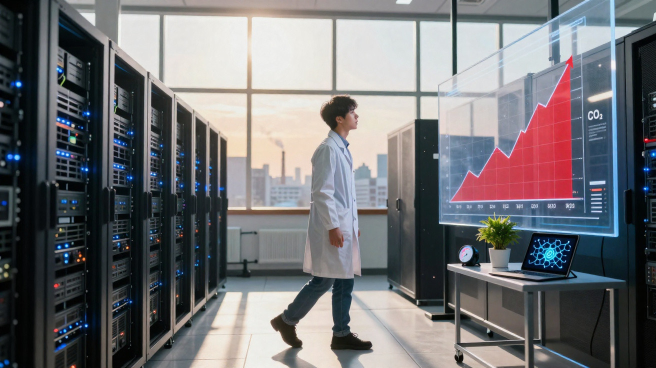 Cientista em laboratório tecnológico observa gráfico de aumento de emissões de CO2 em ambiente moderno.
