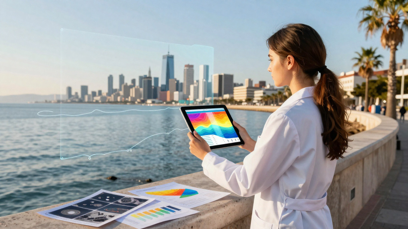 Mulher de jaleco branco analisa gráficos coloridos em tablet, com cidade e mar ao fundo.