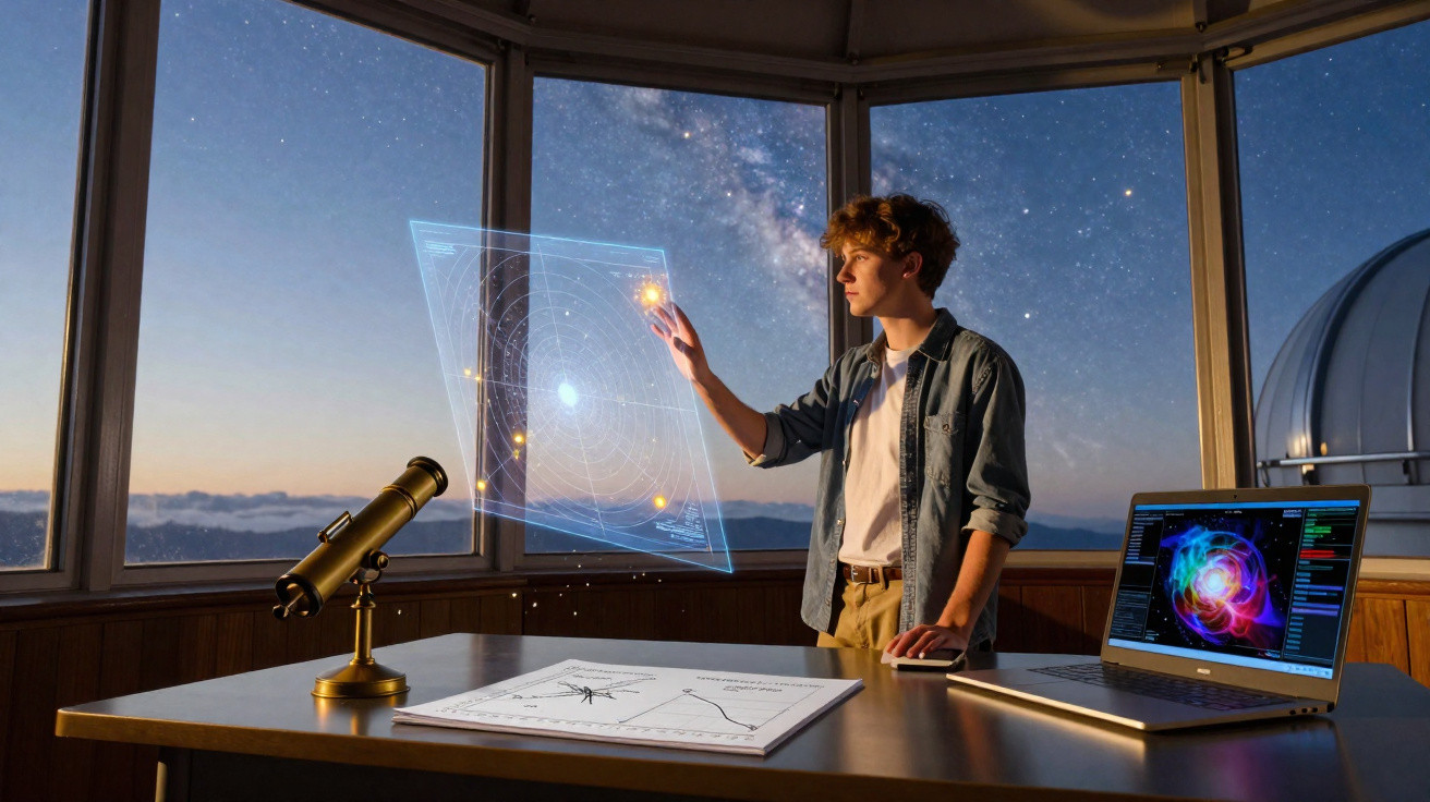 Jovem interage com holograma de sistema solar em observatório com laptop, telescópio e céu estrelado ao fundo.