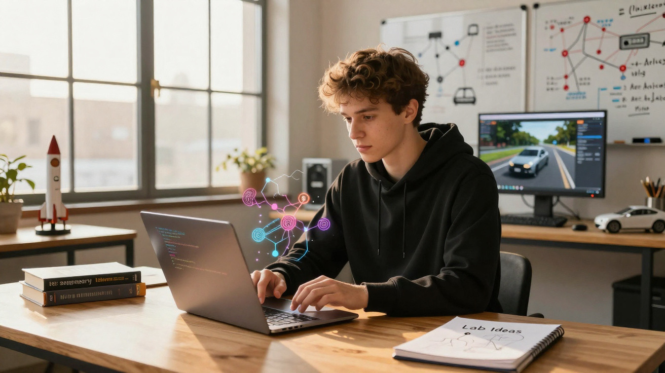Jovem programador trabalhando em laptop com gráficos digitais, em escritório com decoração tecnológica.