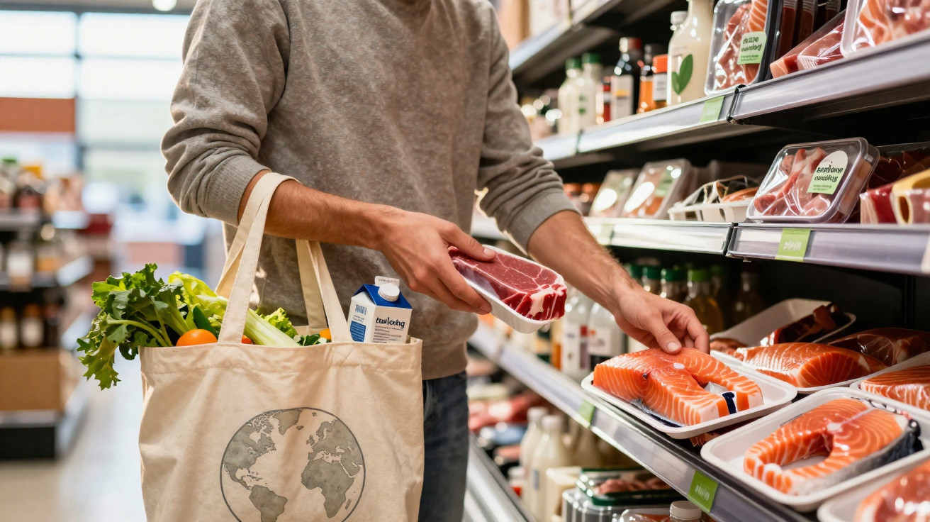Pessoa segurando embalagem de carne vermelha e peixe em supermercado, com sacola ecológica contendo legumes e leite.