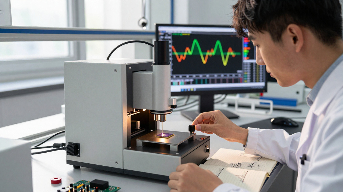 Homem operando equipamento de microscópio em laboratório com gráfico colorido no monitor ao fundo.