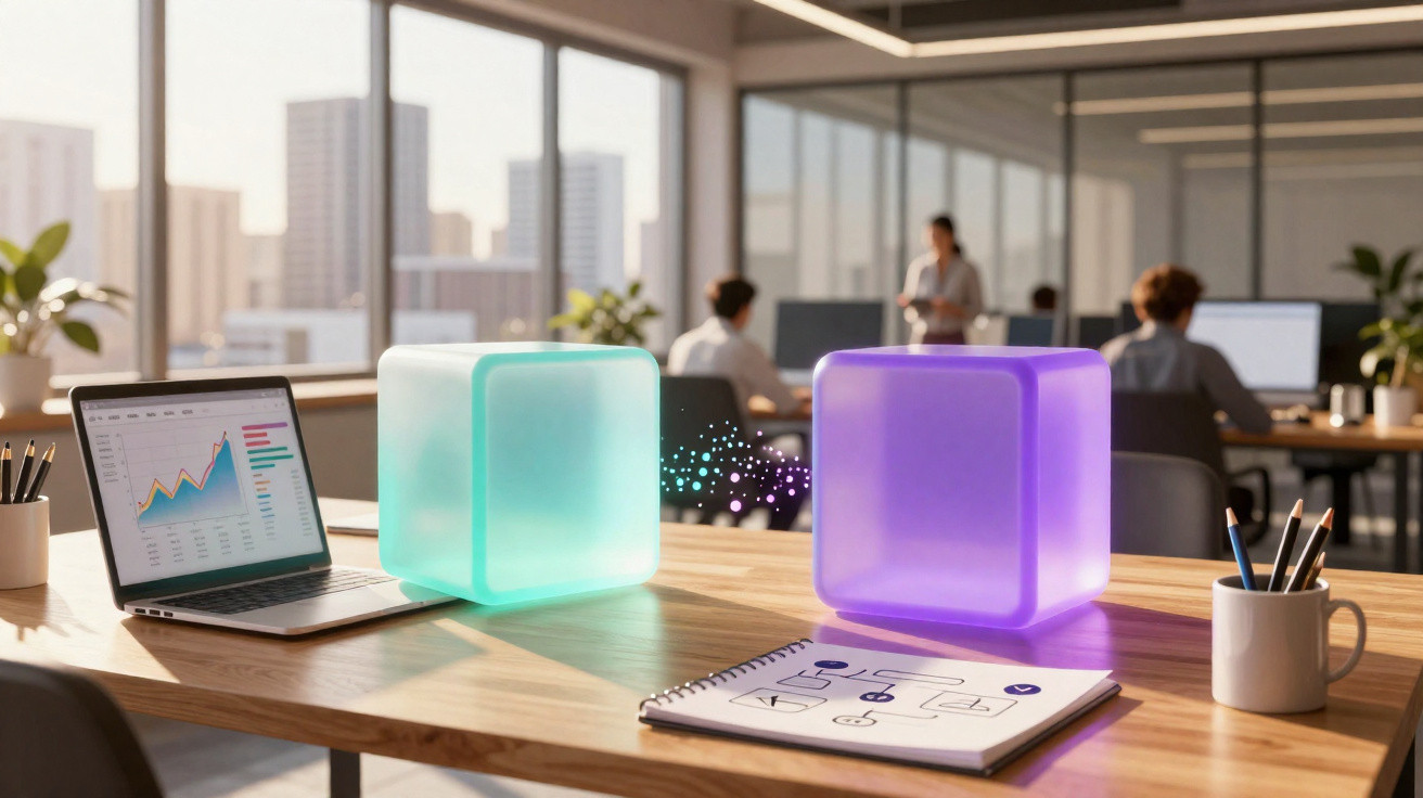 Mesa de escritório com laptop, bloco de notas, canecas e cubos holográficos em ambiente corporativo moderno.