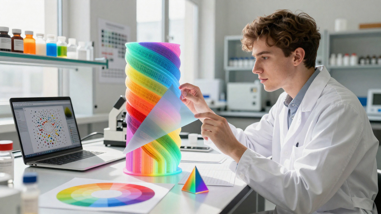 Cientista em laboratório examinando objeto colorido em espiral feito com impressora 3D ao lado de laptop.