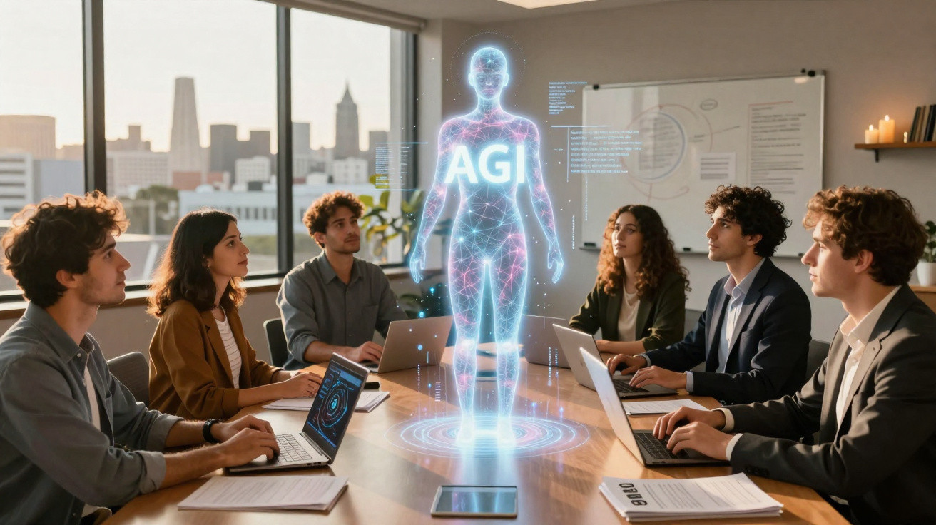Equipe de trabalho em reunião com holograma 3D humano digital com texto AGI no centro da mesa.