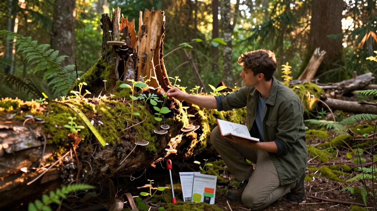Homem analisando fungos em tronco caído na floresta, com caderno e material de pesquisa ao redor.
