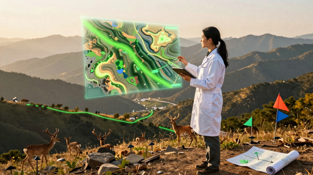 Mulher cientista analisa mapa holográfico em área montanhosa com veados e equipamentos de campo.