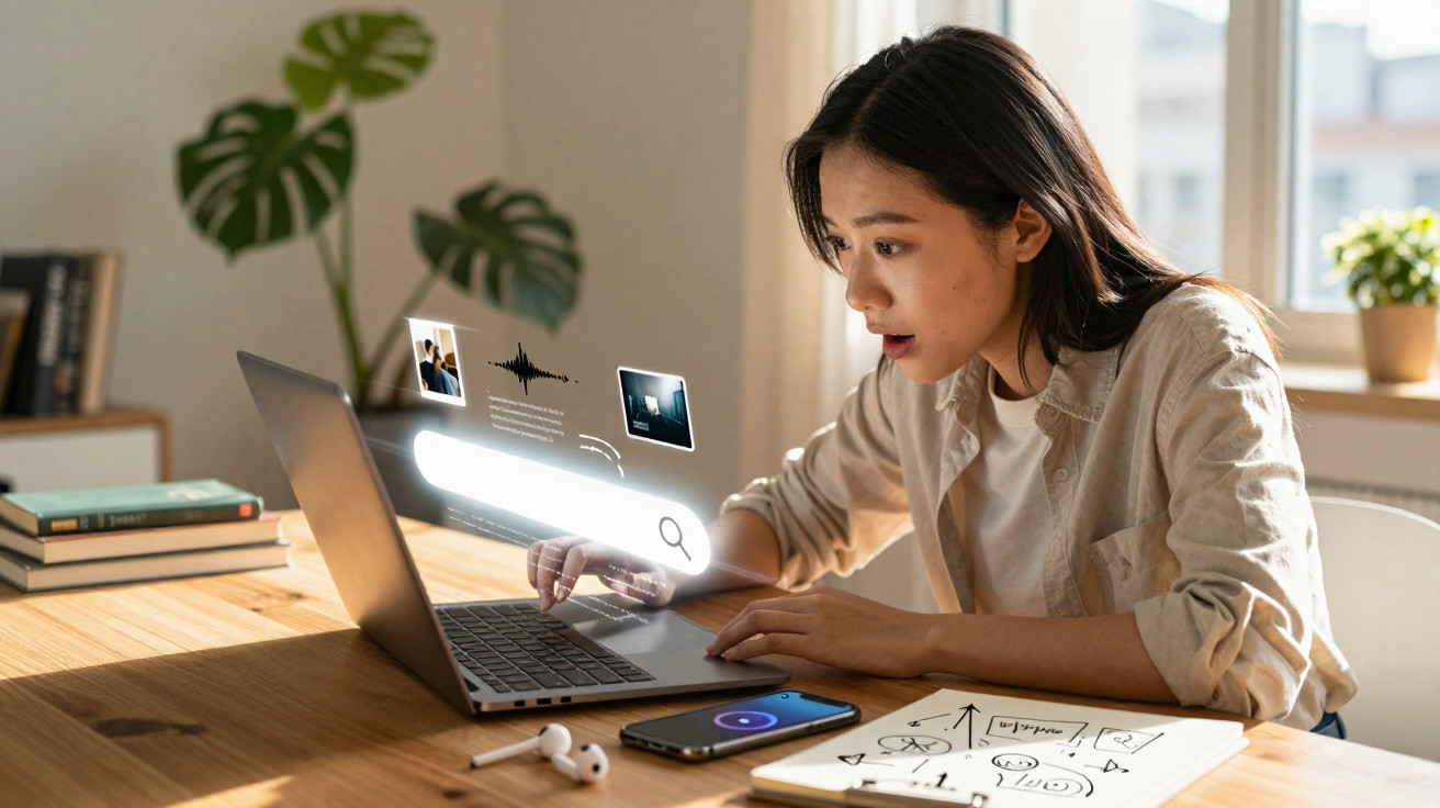 Mulher sentada à mesa usando laptop com ícone de busca flutuante em ambiente iluminado.