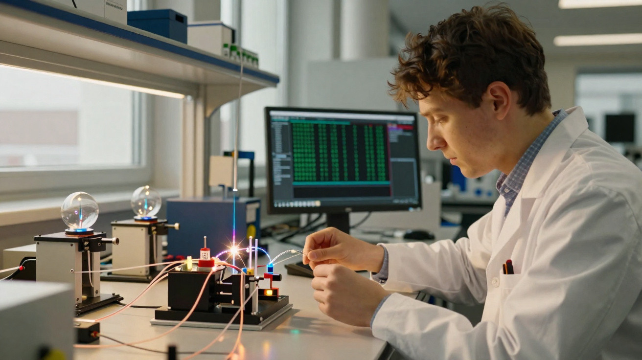 Jovem cientista com jaleco trabalhando com equipamentos ópticos e computador em laboratório moderno.