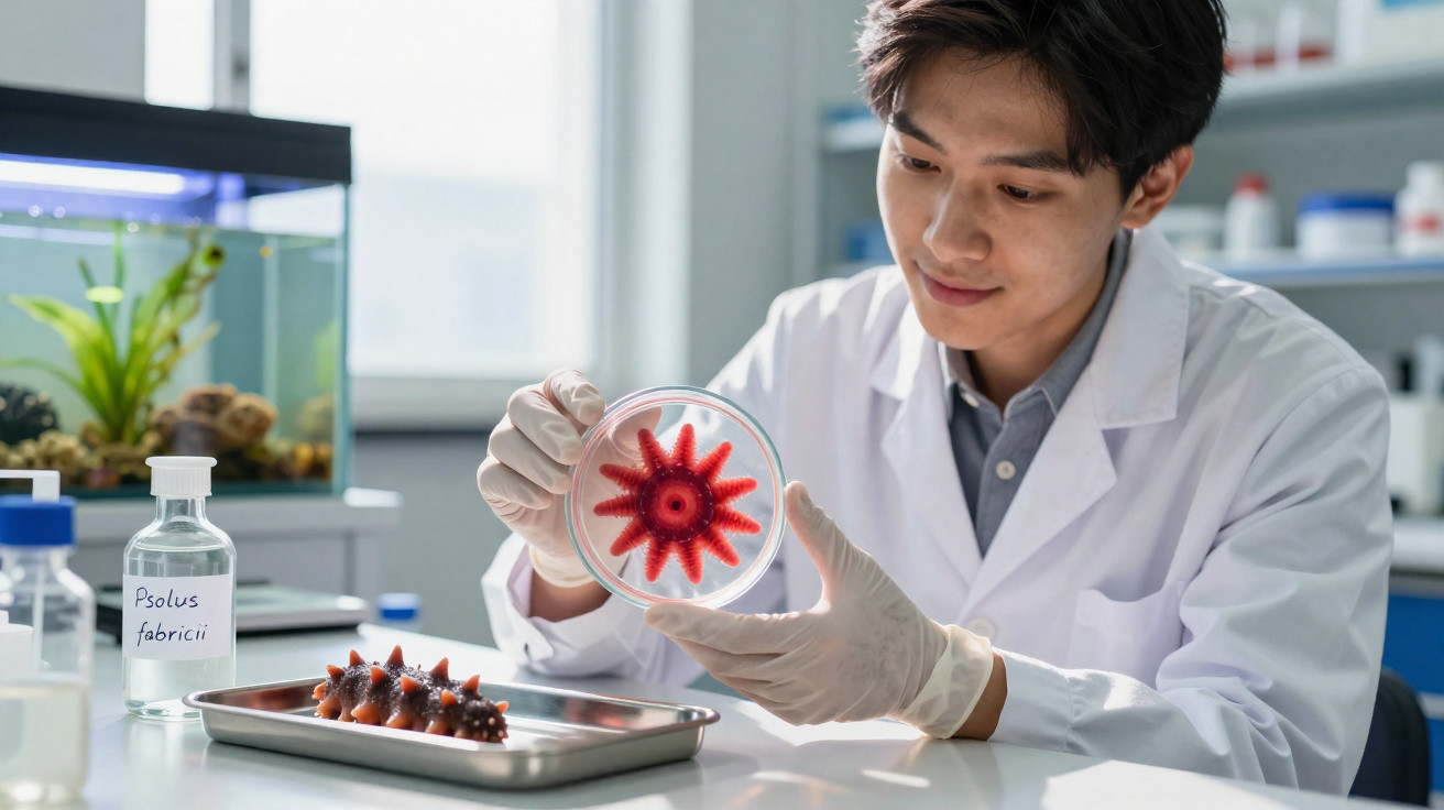Cientista em laboratório analisa amostra vermelha em placa de petri, com espécime marinho em bandeja.