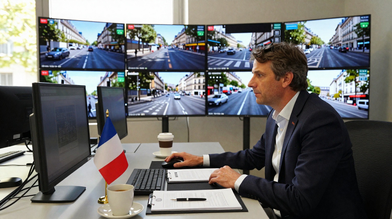 Homem em escritório com vários monitores mostrando ruas urbanas e bandeira da França na mesa.